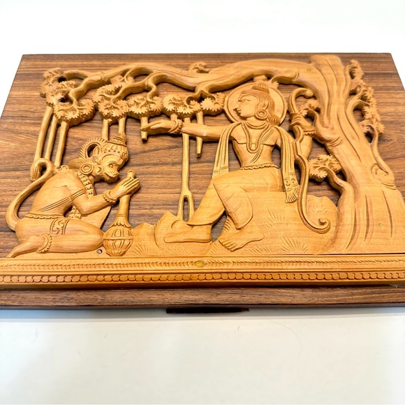 Vintage Hand-carved Teak Wood Raised Relief Hindu Goddess Small Wall Art Panel - Picture 3 of 10